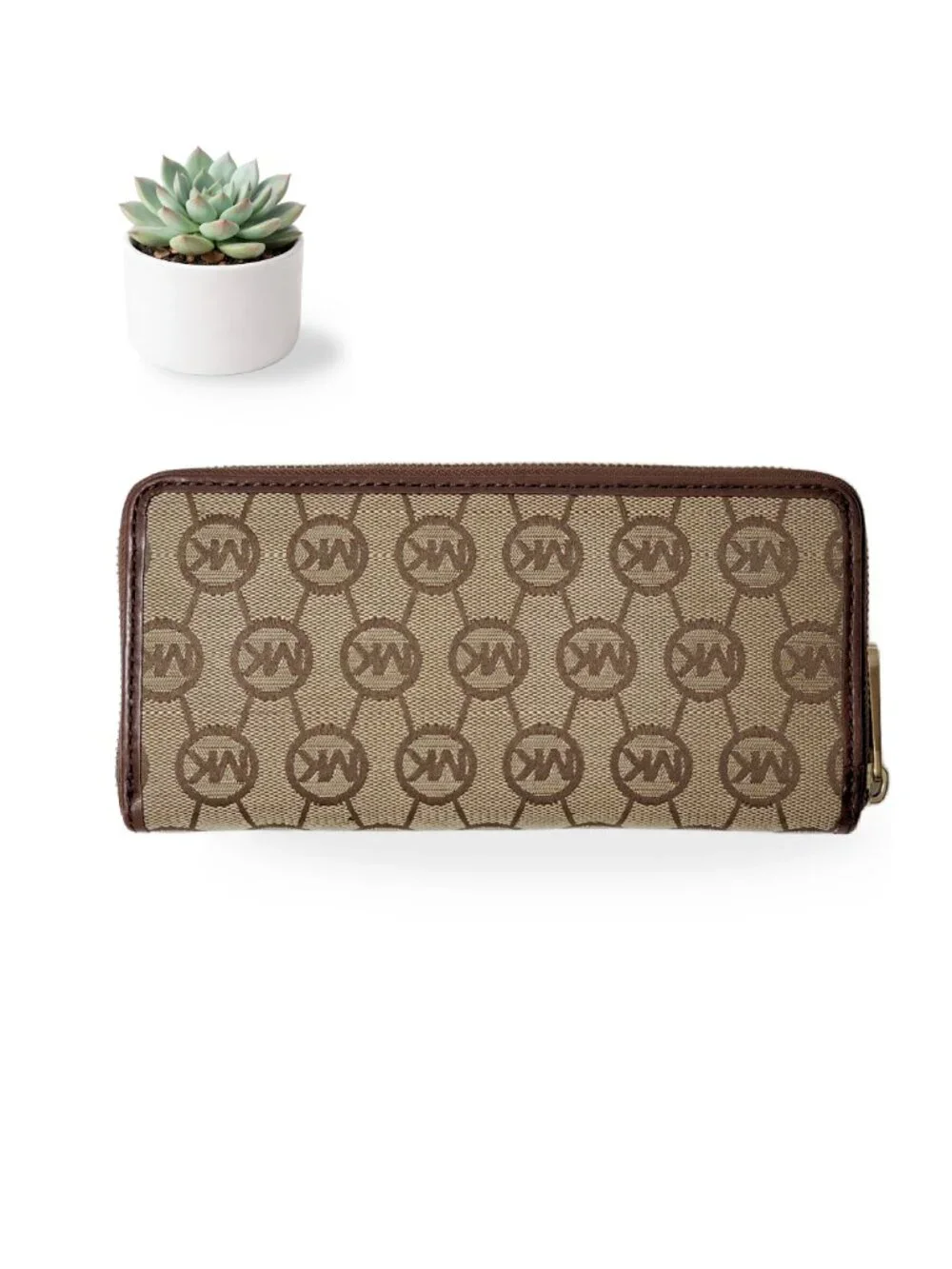 Michael Kors Jet Set Monogram Jacquard Zip Around Continental Wallet Beige Brown